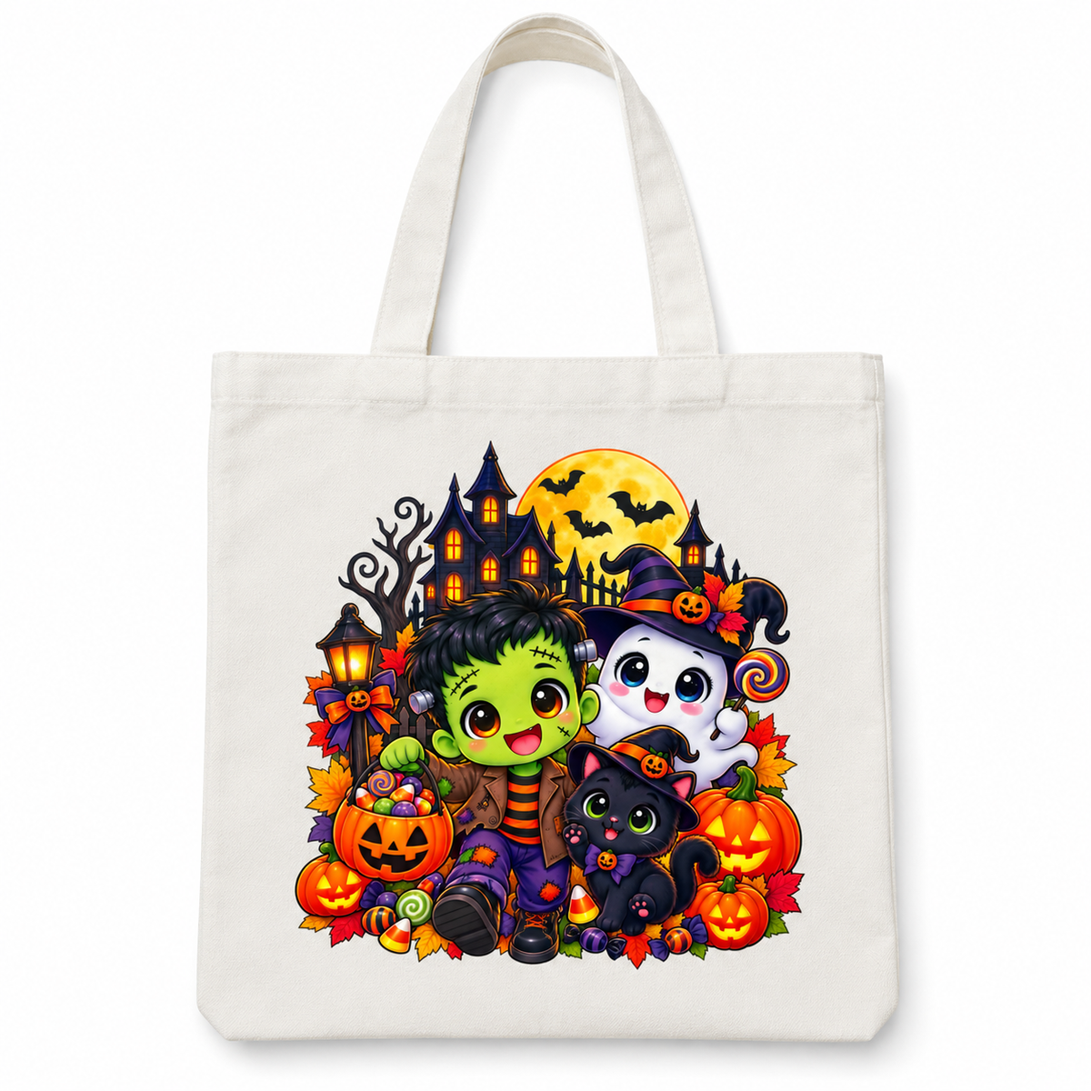 Halloween Frankenstein, Ghost & Black Cat Tote Bag